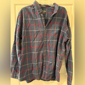 Eddie Bauer Navy Blue Button-Down Plaid Shirt with Red Windowpane